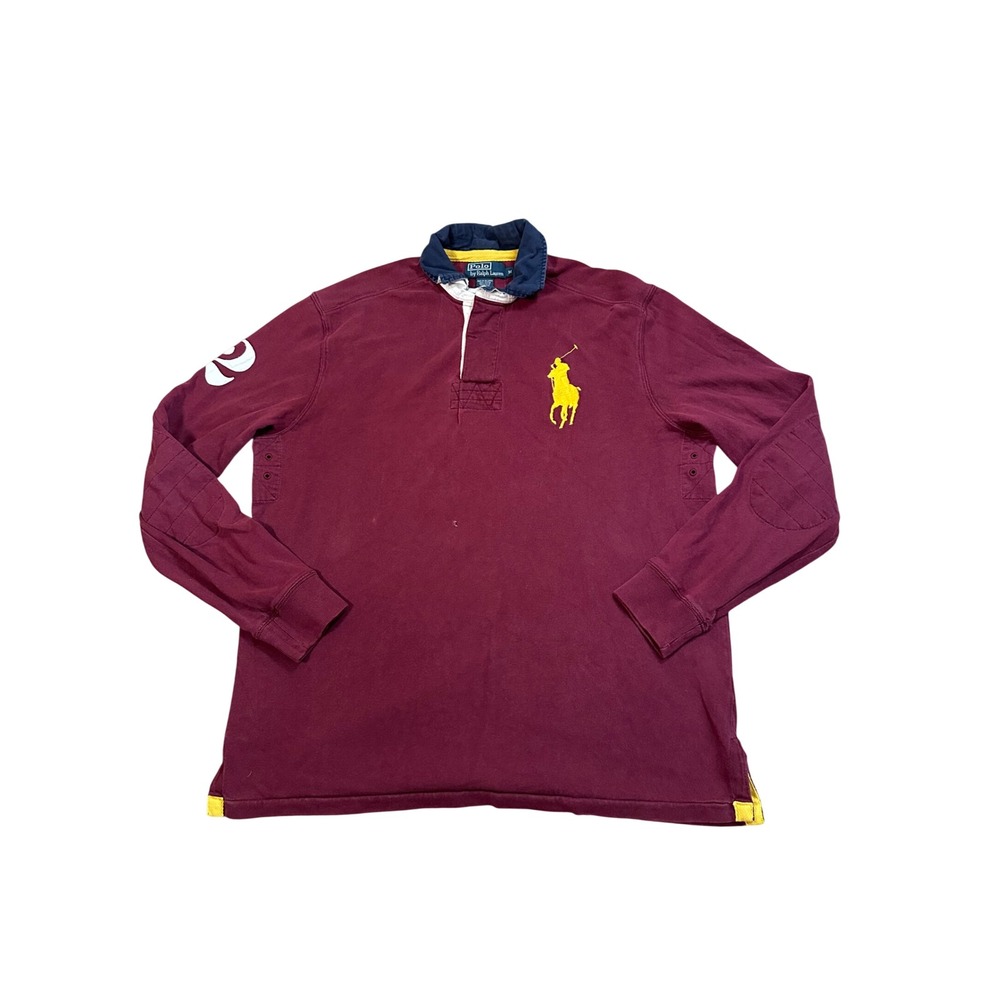 Polo Ralph Lauren Big Pony Rugby Shirt Mens Medium Maroon Burgundy Long Sleeve